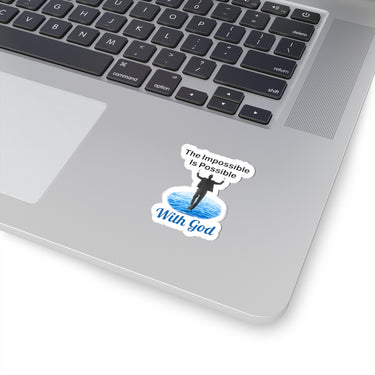 Sheet of 4 vinyl stickers with “Impossible Man” design, message “The Impossible Is Possible with God,” glossy finish, inspirational stickers for men who walk by faith for the impossible, 2-inch sticker on laptop